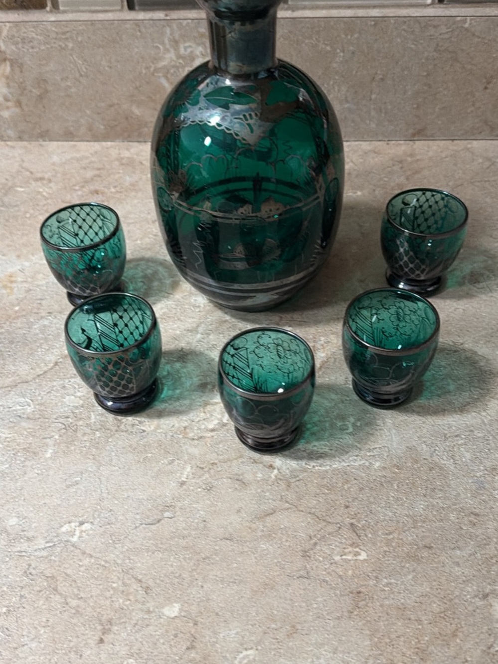 Vintage Green Glass Decanter Set, Silver Overlay, 5 Glasses